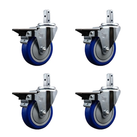Service Caster 4'' Blue Poly Wheel Swivel 3/4'' Square Stem Caster Set with Brake, 4PK SCC-SQ20S414-PPUB-BLUE-PLB-34-4